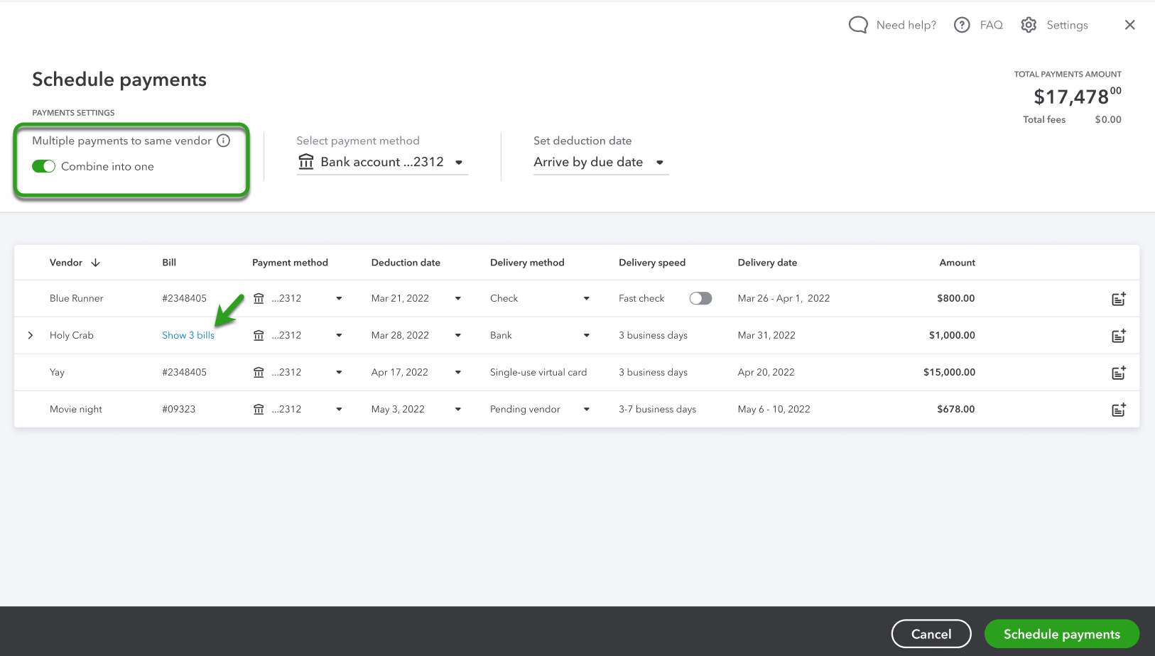 Pay multiple bills to the same vendor as one payment – QuickBooks Bill Pay